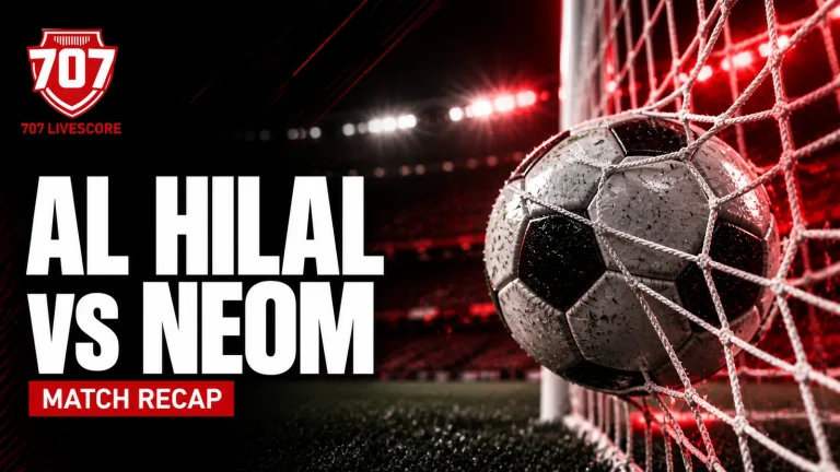 Al Hilal vs NEOM match recap cover with a football in a goal net