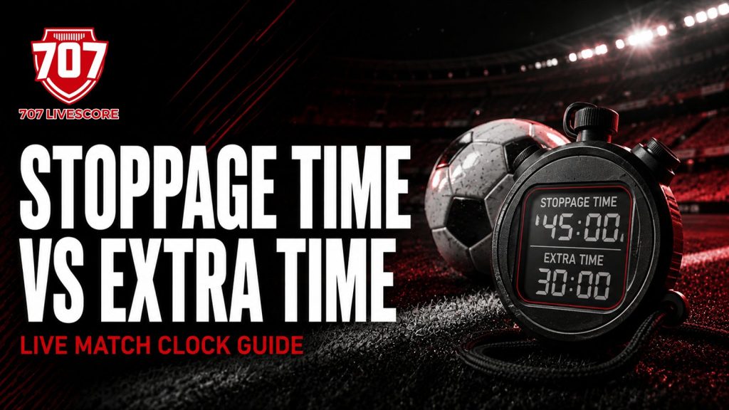 Football and stopwatch in a floodlit stadium illustrating stoppage time versus extra time