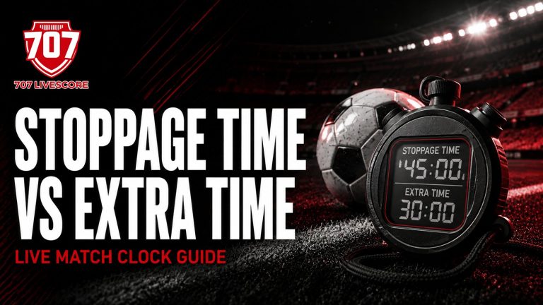 Football and stopwatch in a floodlit stadium illustrating stoppage time versus extra time