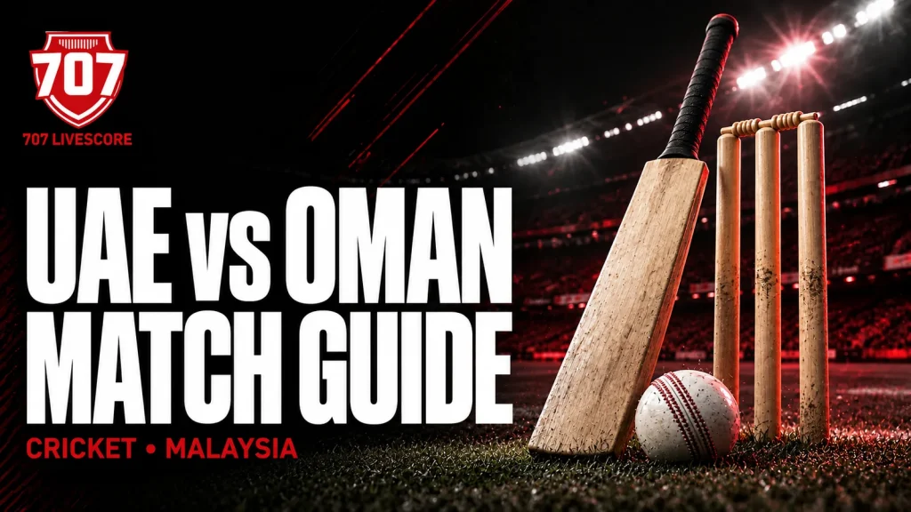 UAE vs Oman match guide with cricket bat, ball and stumps in a red-black stadium