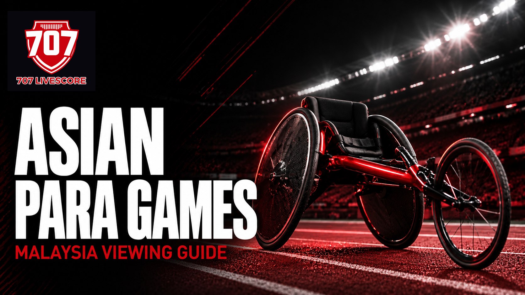 Editorial illustration of a sports wheelchair beside an athletics track under black and red arena lighting.