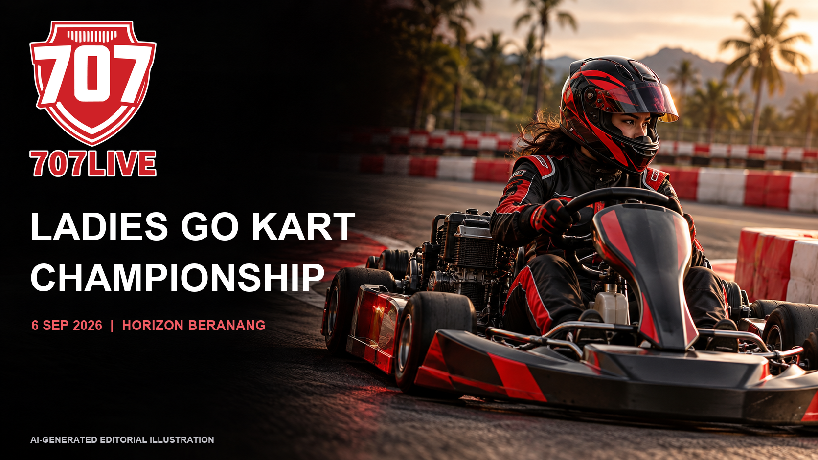 Editorial illustration of women in karting race gear for the Ladies Go Kart Championship recap; not an event photograph.