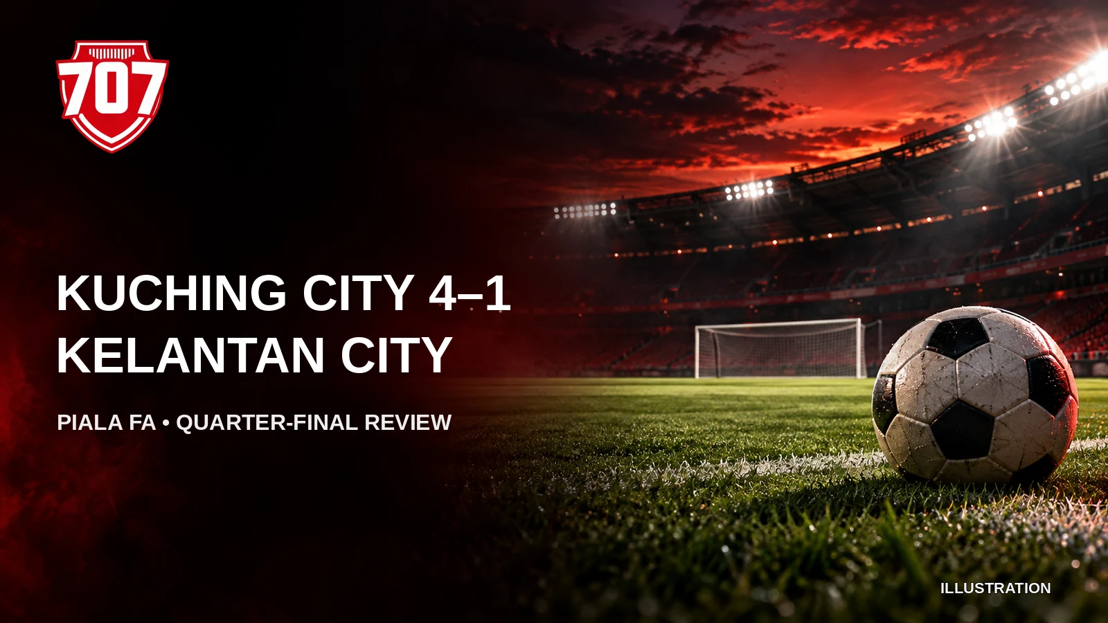 Illustration of a football in a stadium, with the headline Kuching City 4–1 Kelantan City and Piala FA quarter-final review.