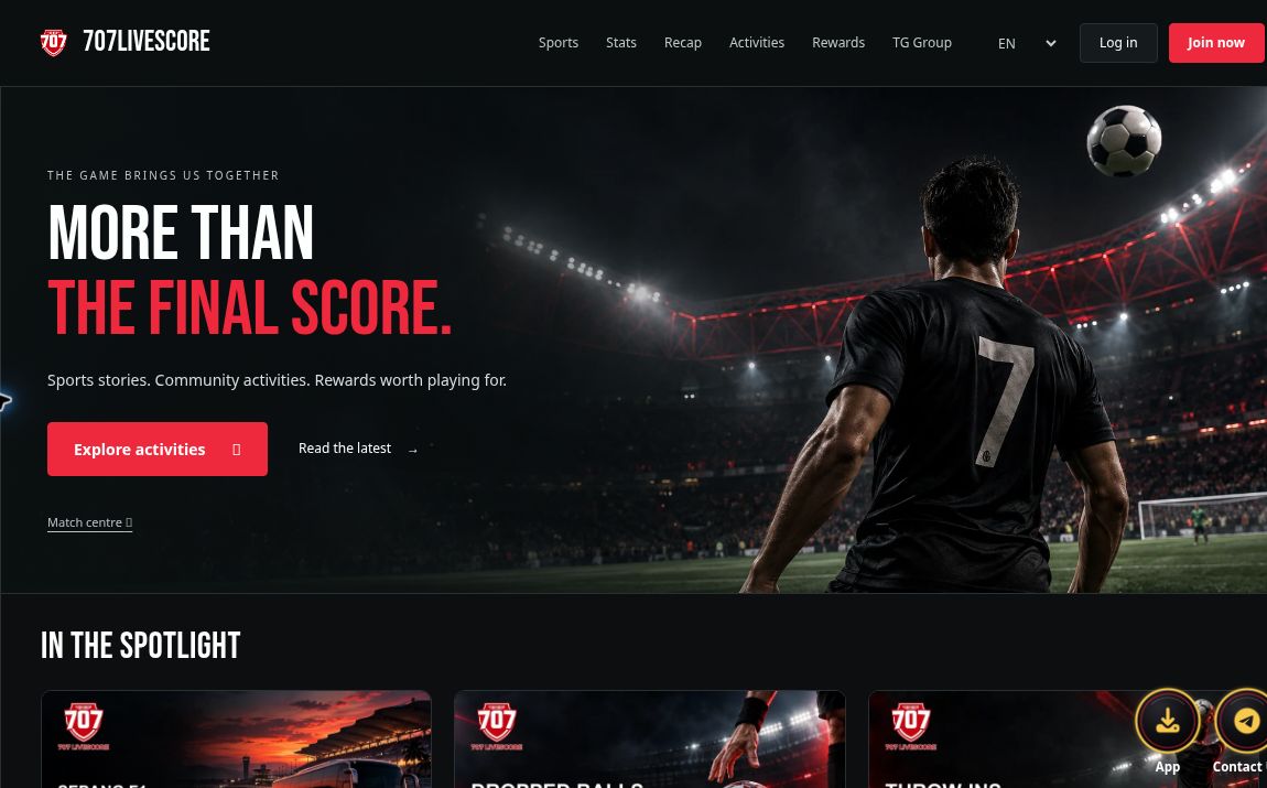 The refreshed 707Livescore English homepage, showing its red-and-black stadium artwork and top navigation