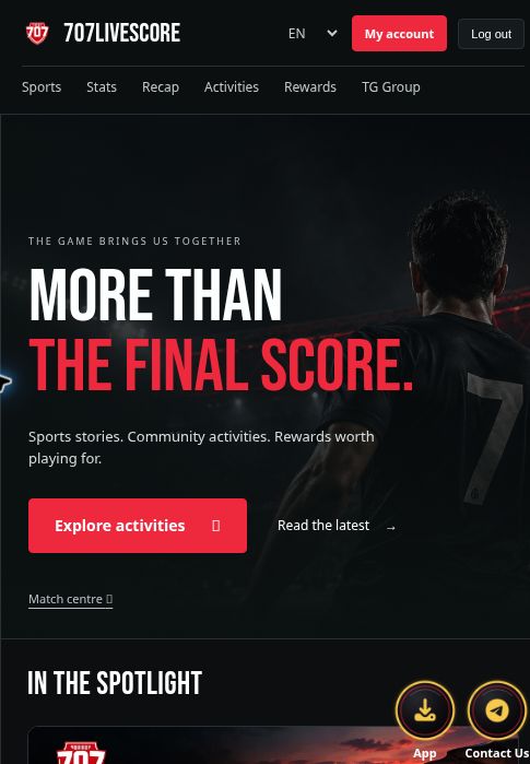 The 707Livescore English homepage in a 485-pixel-wide viewport, with two navigation rows and vertically arranged homepage content