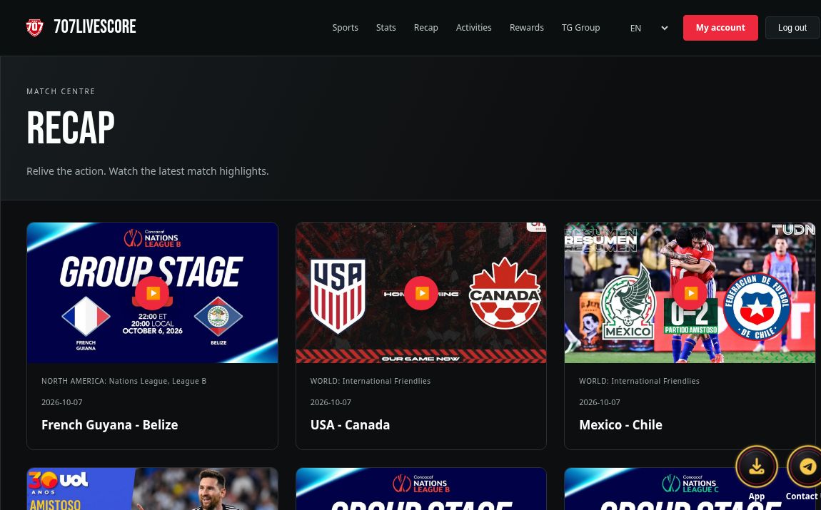 Three columns of thumbnail cards on the 707Livescore Recap page, with teams, competition names and dates