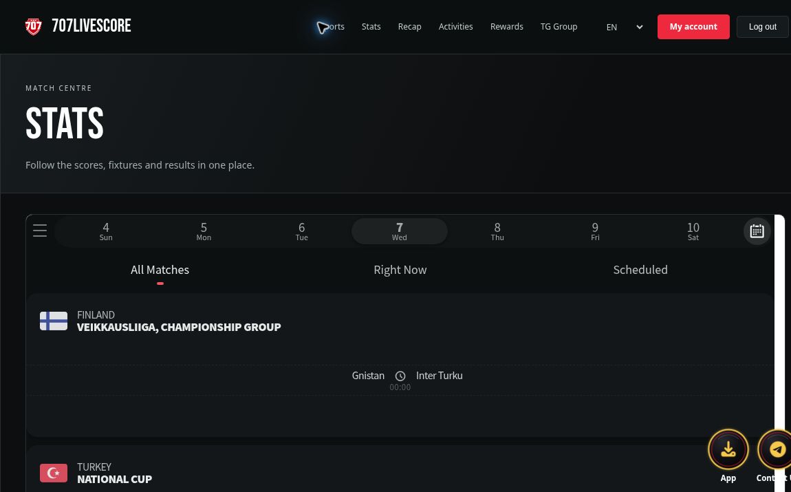 The 707Livescore Stats page, showing the date selector, match-status filters and matches grouped by competition