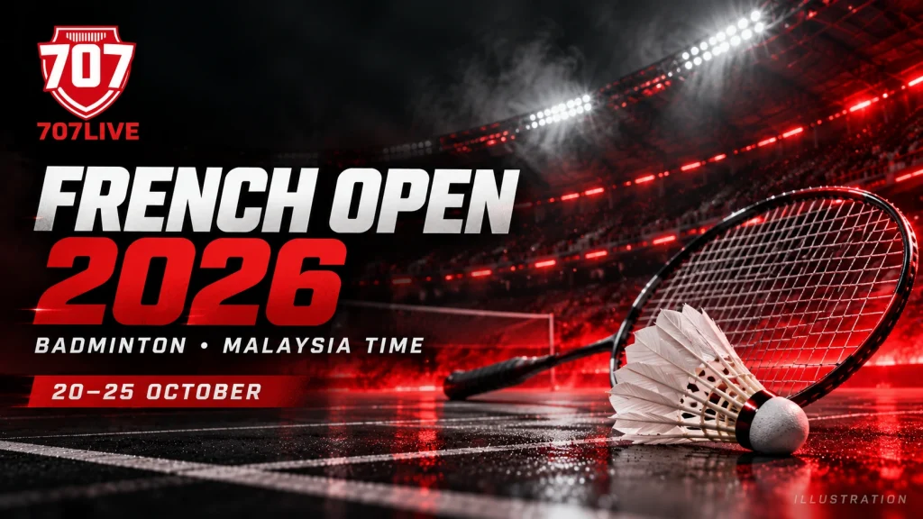 707LIVE illustration of a badminton racket and shuttlecock in a red-lit arena with an English French Open 2026 headline.
