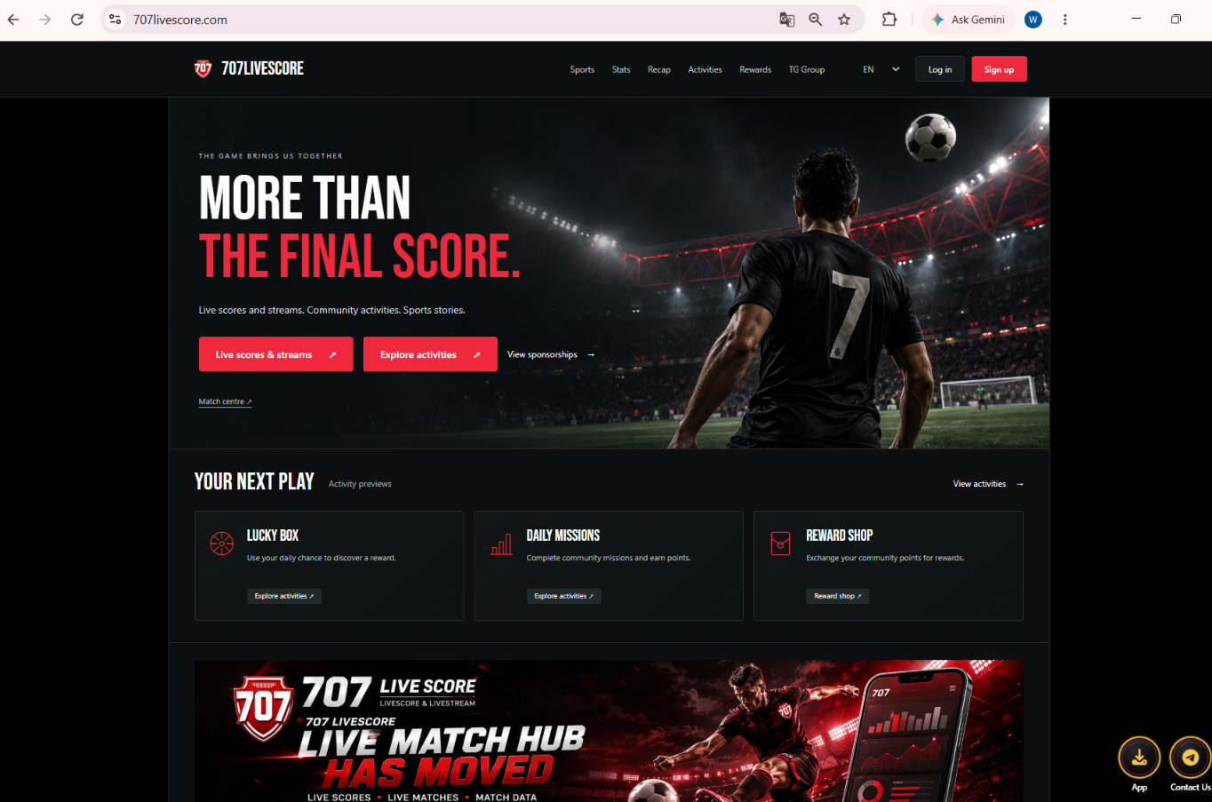 707LIVE homepage screenshot with sporting links, community activities and account-entry controls