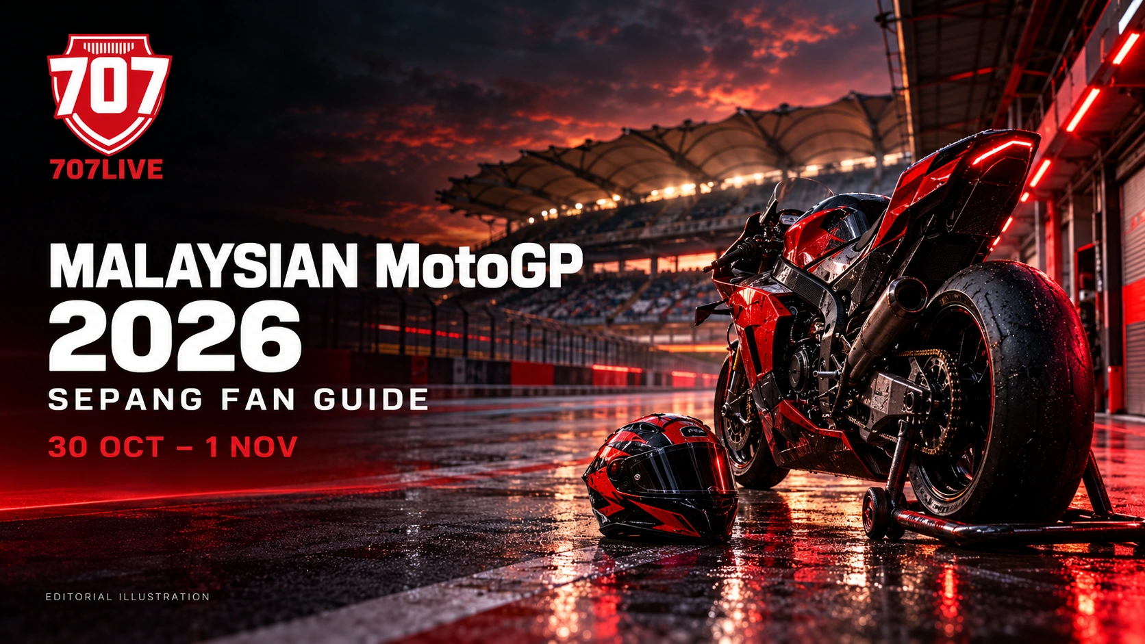 707LIVE editorial illustration of a racing motorcycle at a Sepang-inspired circuit for the 2026 Malaysian MotoGP.