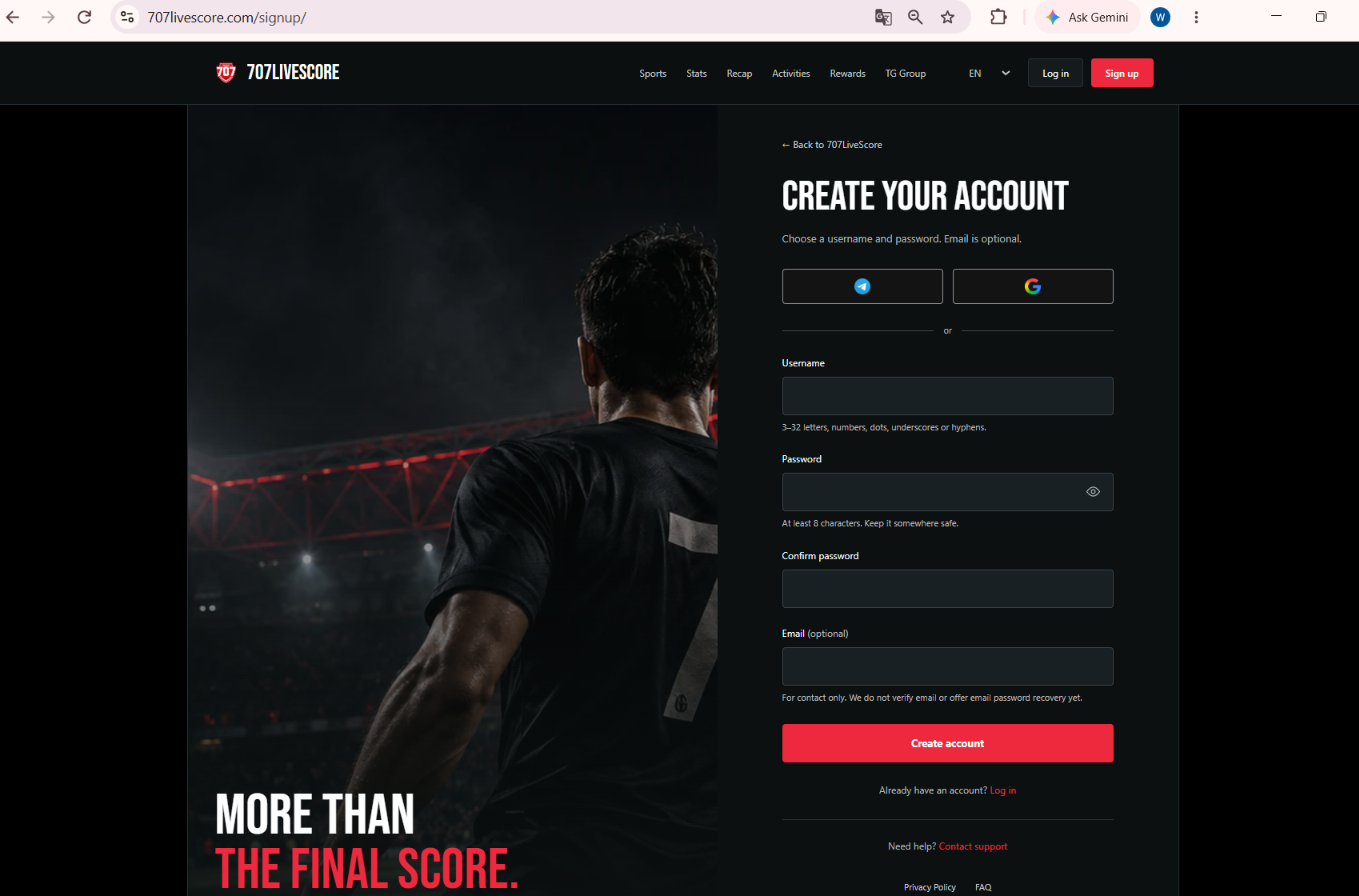 707LIVE sign-up page screenshot with empty account fields and alternative sign-in buttons