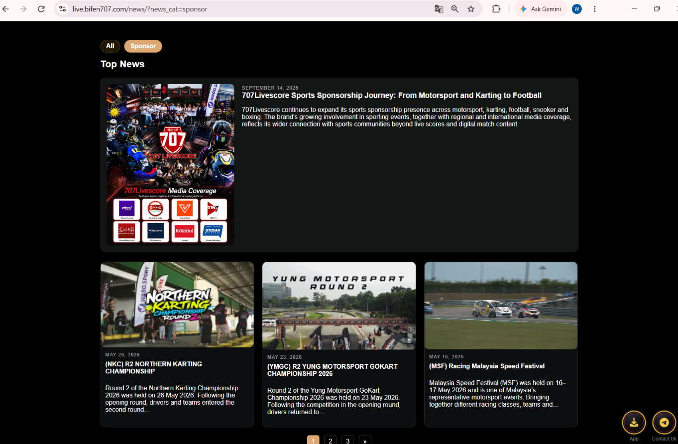 707LIVE sponsor archive screenshot showing a feature and dated karting and motorsport story cards