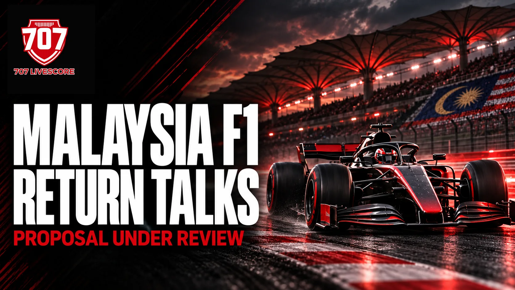 707 Livescore editorial illustration of a racing car with Malaysia F1 Return Talks headline