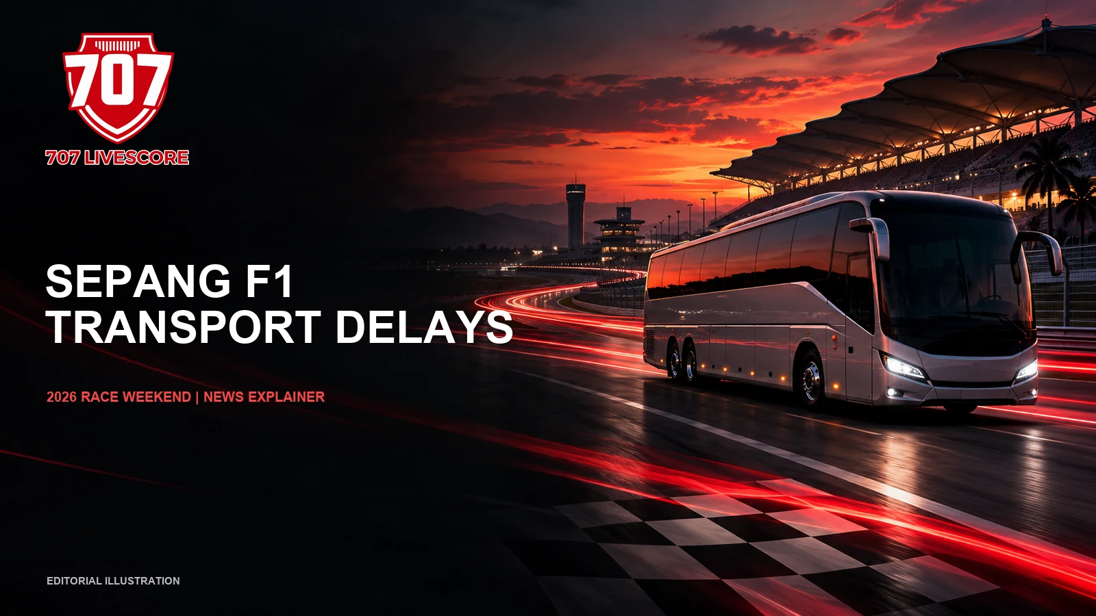 707 Livescore editorial illustration of a shuttle bus near a racing circuit; not an actual event photograph.