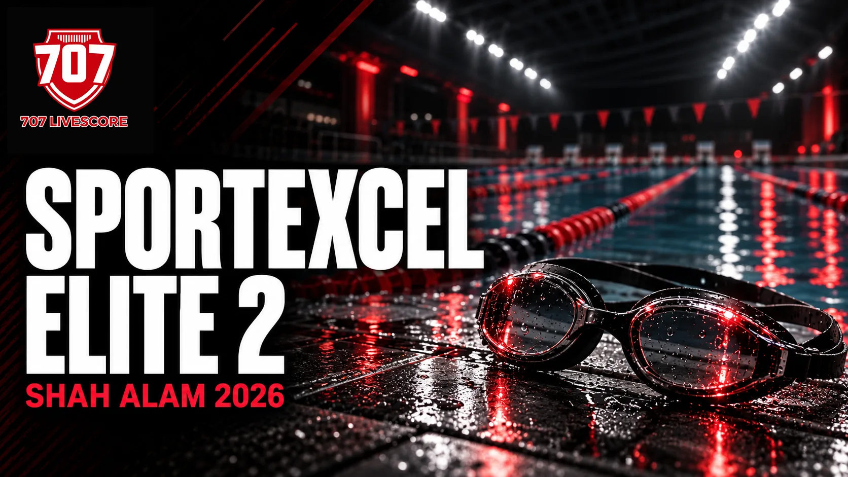 Editorial illustration of swimming lanes and goggles with SportExcel Elite 2 headline